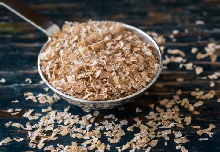 Cuchara llena de salvado de trigo, un ingrediente saludable y versátil para tus desayunos.
