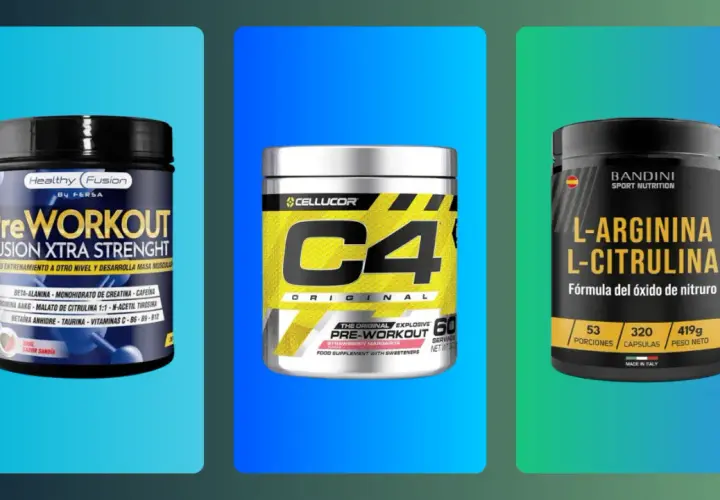 Tres botes de suplementos pre entreno mujer: uno de Healthy Fusion, otro C4 Original y uno de L-Arginina L-Citrulina.