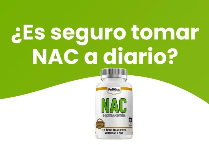 Bote de N-acetil-L-cisteína (NAC) con la pregunta "¿Es seguro tomar NAC a diario?".