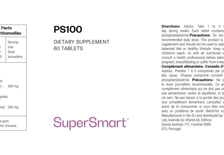 Suplemento PS100 con fosfatidilserina para qué sirve: 60 tabletas, 100mg por tableta. Mejora la función cognitiva.