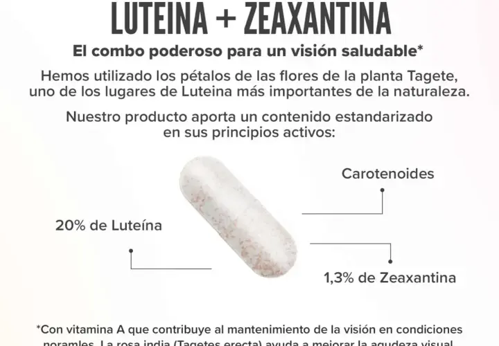 Cápsula con luteína y zeaxantina, carotenos extraídos de la flor de Tagete para una visión saludable.