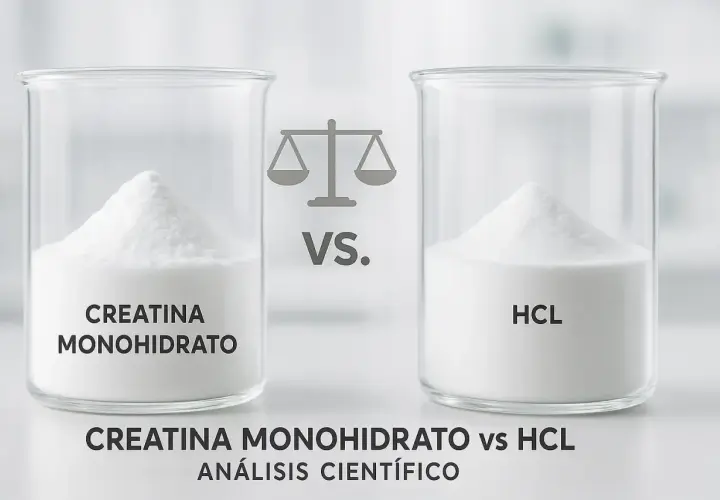 Dos vasos de precipitados con montículos de polvo blanco. Uno dice "CREATINA MONOHIDRATO", el otro "HCL". Una balanza y "VS." en el centro. Comparativa de tipos de creatina.