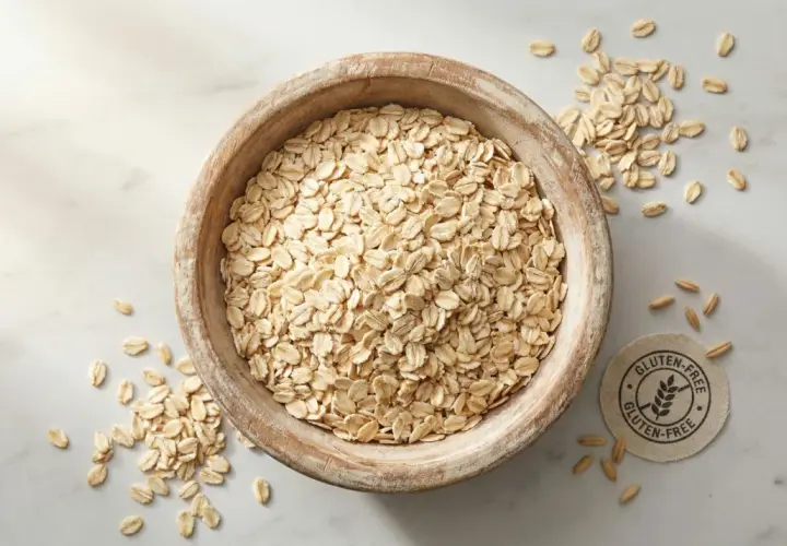 Un cuenco de madera lleno de copos de avena, con algunos esparcidos alrededor. Un sello indica "Gluten-Free", pero la avena tiene gluten.