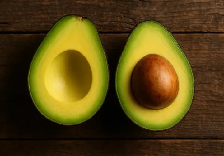 Dos mitades de aguacate sobre madera. Una sin hueso, la otra con su gran semilla marrón. ¡Un tesoro de grasas saludables y pocas calorías aguacate!