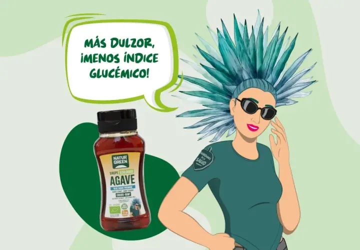 Botella de sirope de agave ecológico junto a una mujer con peinado de agave. "Más dulzor, ¡menos índice glucémico!
