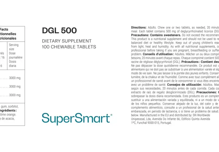 DGL 500: 100 tabletas masticables con extracto de raíz de regaliz desglicirrinizado (DGL).