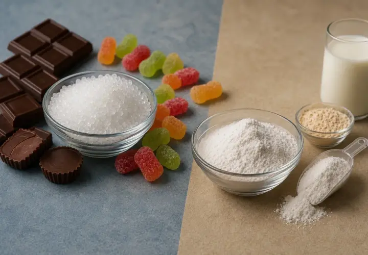 Chocolate, gomitas, azúcar granulada y en polvo, leche y un polvo amarillento. ¿Qué es el maltitol?
