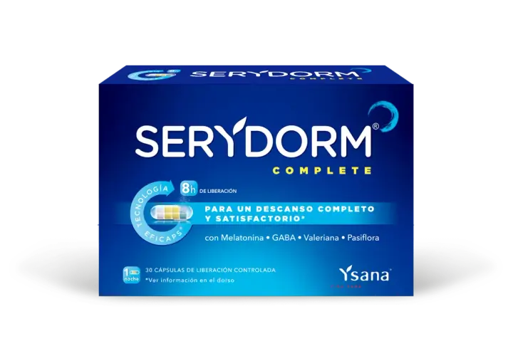 Caja de Serydorm Complete, con Melatonina, GABA y Valeriana para un descanso.