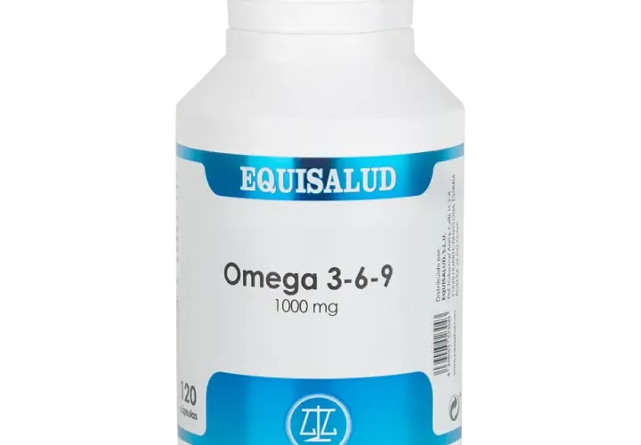 Bote blanco de Equisalud con etiquetas azules. Contiene cápsulas de Omega 3-6-9 de 1000 mg.