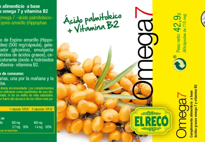 Aceite de espino amarillo, fuente de omega 7, en cápsulas con vitamina B2. El producto "Omega 7" de El Reco.
