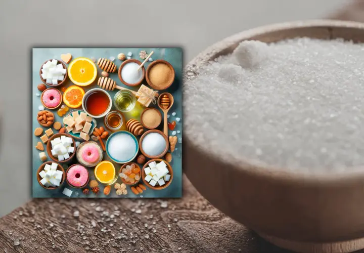 Dulces y frutas, ¿buscas un edulcorante más sano? Miel, naranjas y cubos de azúcar.