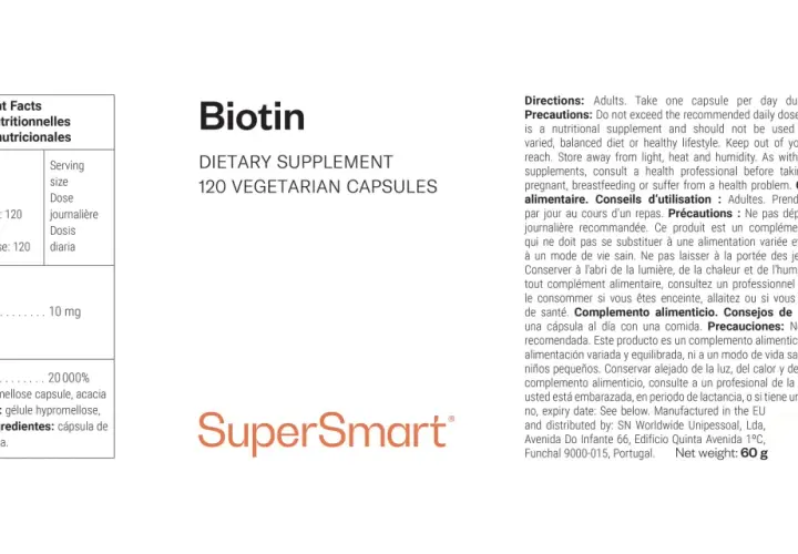 Suplemento de biotina (vitamina B7) en cápsulas vegetarianas. Ideal para quienes buscan alimentos que aporten esta vitamina.