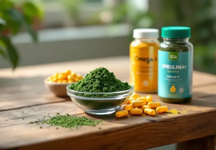 Suplementos veganos para engordar: espirulina en polvo, cápsulas de omega y otros.