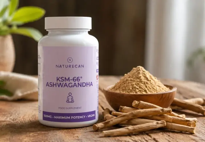Frasco de KSM-66 Ashwagandha, polvo y raíces en un tazón de madera. Aprende como tomar ashwagandha para tu bienestar.