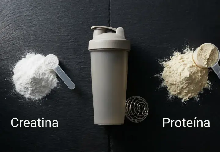 Montaje de creatina y proteína en polvo junto a un shaker. Ideal para tus entrenamientos.