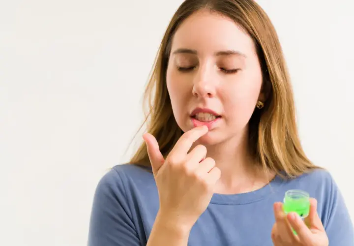 Mujer aplica bálsamo en sus labios cortados, buscando un remedio casero.