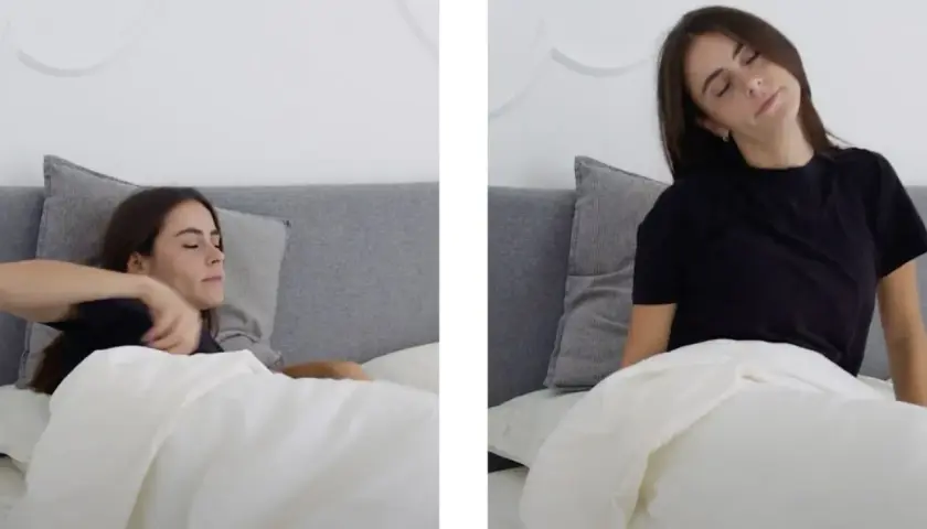 Mujer en cama, primero se revuelve, luego se sienta y estira el cuello. ¿Cuánto tarda en hacer efecto la melatonina?