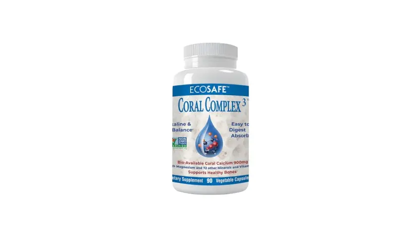 Bote de suplemento Coral Complex con calcio de coral. Sus beneficios y contraindicaciones son clave para la salud ósea.
