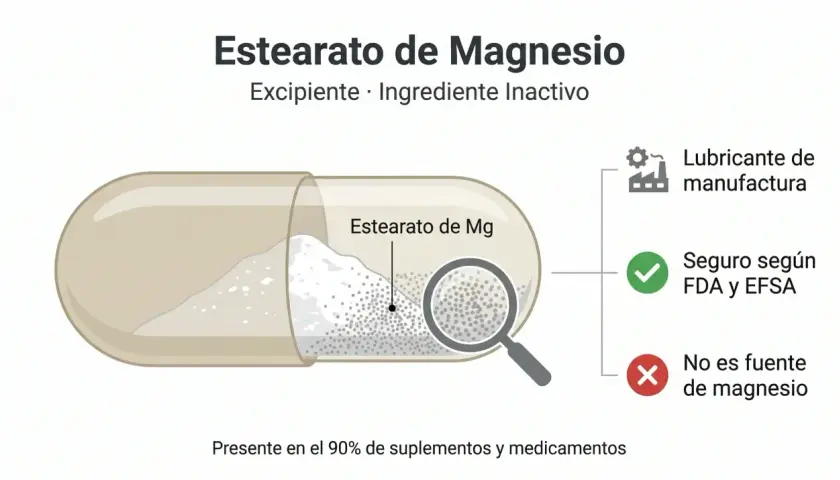 Cápsula abierta mostrando polvo blanco, identificado como estearato de magnesio, un lubricante de manufactura seguro.