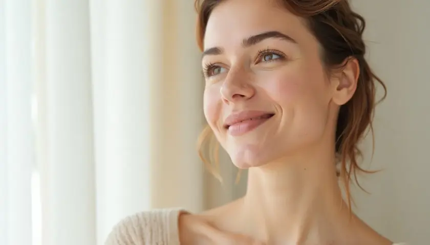 Mujer sonríe, con piel radiante y luminosa, como si hubiera decidido tomar ácido hialurónico para un brillo natural.