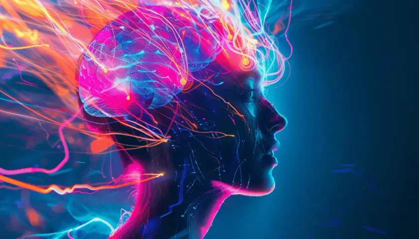 Perfil de una cabeza humana con un cerebro brillante y líneas de energía de neón. La colina para que sirve se representa como la chispa de la creatividad y el conocimiento.