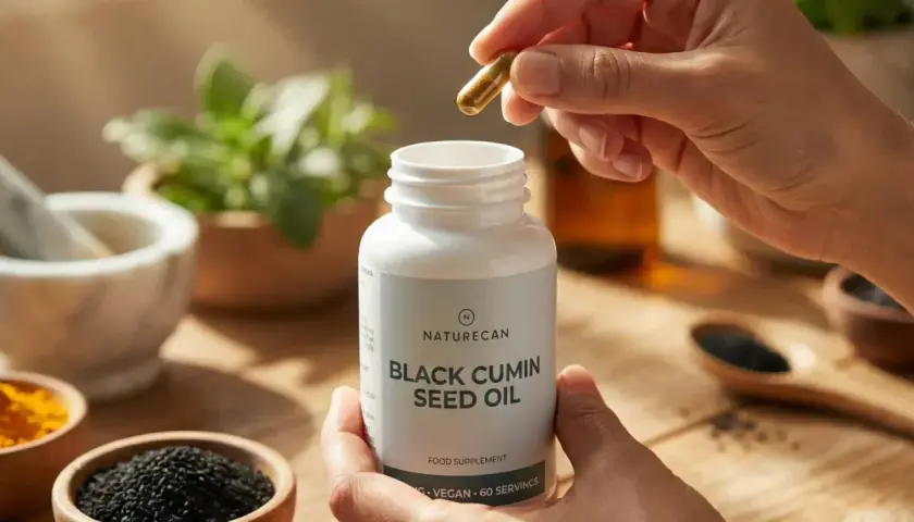 Manos sostienen una cápsula y un frasco de Naturecan Black Cumin Seed Oil, rodeados de ingredientes naturales como semillas de comino negro.