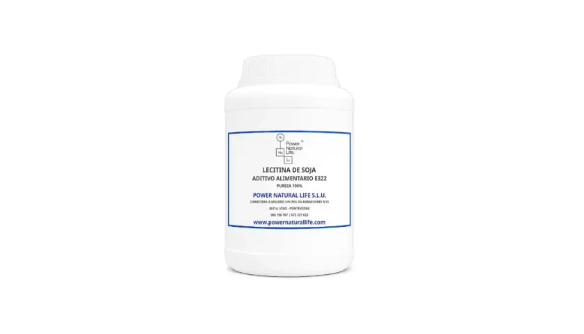 Bote blanco con etiqueta azul. Contiene lecitina de soja, aditivo alimentario E322, 100% pura. Descubre sus propiedades.