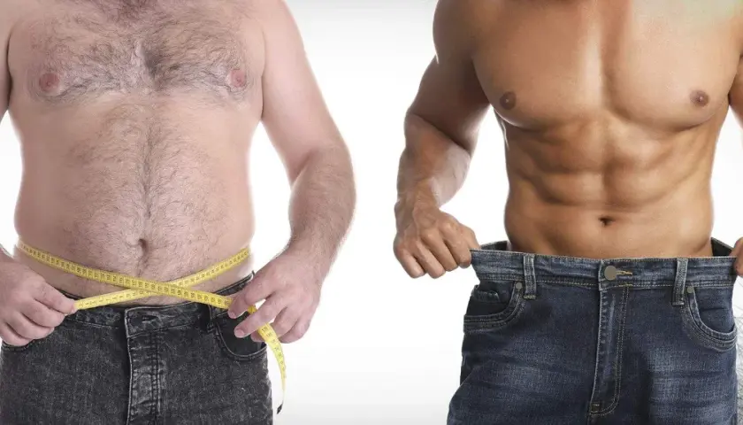Antes y después de una dieta culturista: un hombre con sobrepeso y cinta métrica, junto a otro con abdominales definidos y pantalones holgados.