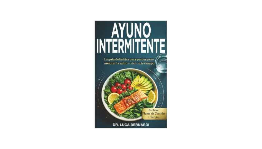 Portada del libro "Ayuno Intermitente" con un plato de salmón y ensalada. Guía para perder peso y mejorar la salud.