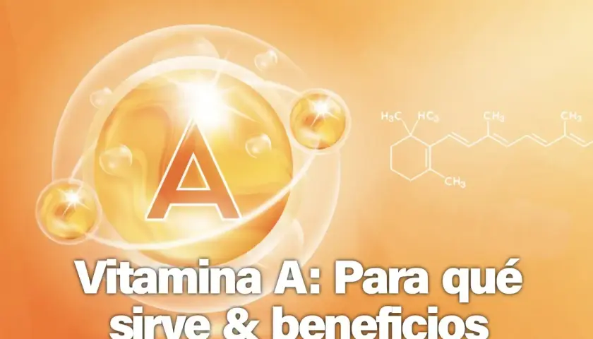 Vitamina A: descubre sus beneficios y los alimentos ricos en ella. La imagen muestra la letra "A" dentro de una esfera brillante y una fórmula química.