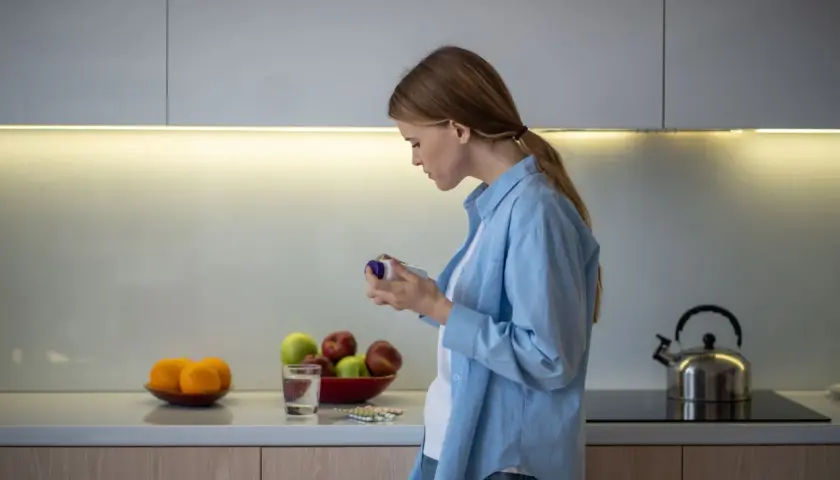 Mujer en cocina revisa frasco, quizás preguntándose inositol que es. Frutas y pastillas en encimera.