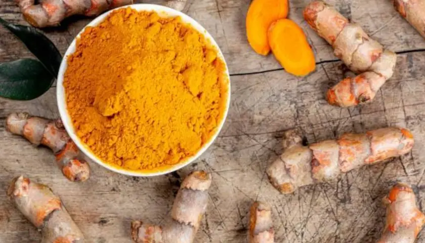 Raíces de cúrcuma y polvo dorado. Descubre para qué sirve la cúrcuma y sus beneficios.