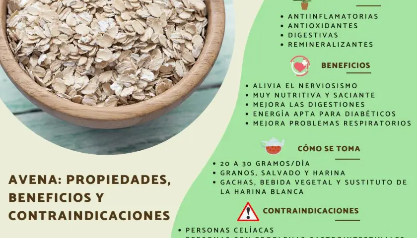 Tazón de avena en hojuelas, ideal para preparar harina de avena. La imagen detalla sus propiedades, beneficios y cómo consumirla.