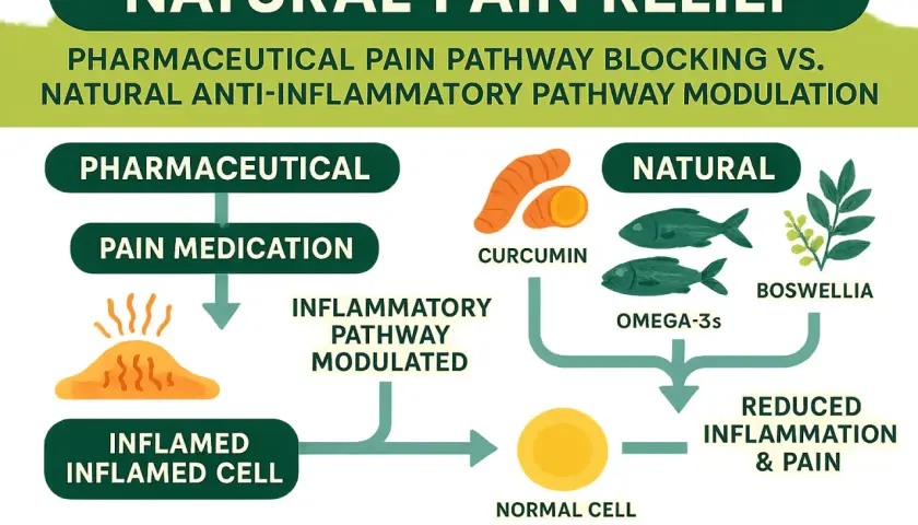 Comparación de alivio del dolor: farmacéutico vs. natural. El natural usa curcumina, omega-3 y boswellia para reducir inflamación, como corticoides naturales.