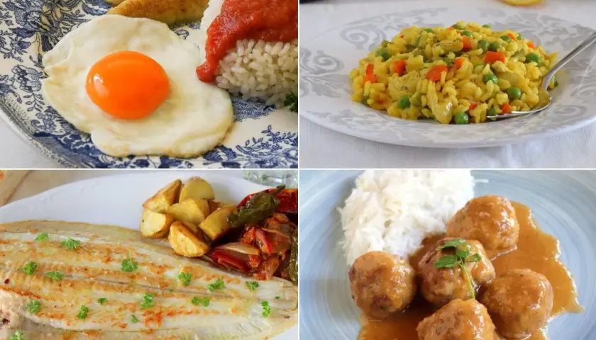 Cuatro platos variados: arroz con verduras, pescado con patatas, albóndigas con arroz y un desayuno con huevo y plátano. ¡Ideas para almuerzos saludables niños!
