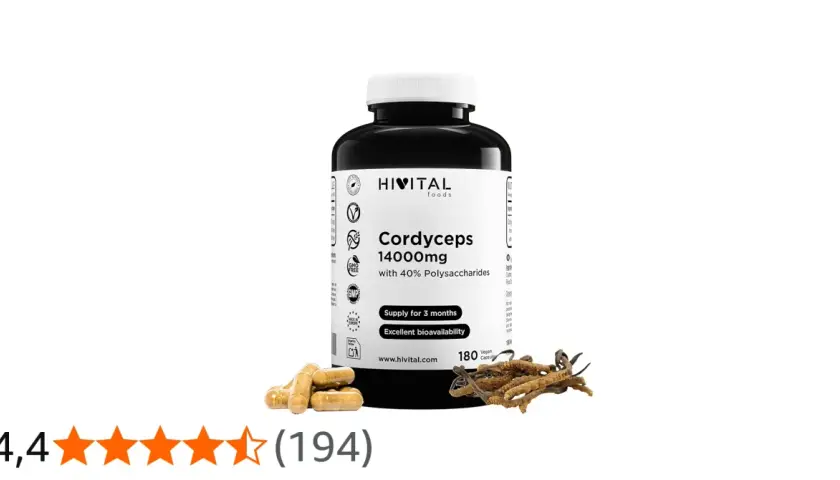 Bote de suplemento Cordyceps 14000mg, destacando sus cordyceps propiedades y excelente biodisponibilidad. Incluye cápsulas y hongos reales.