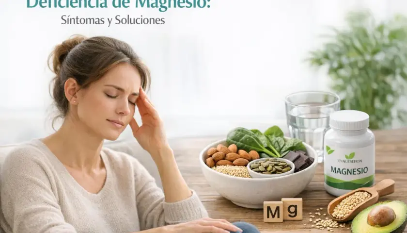 Mujer con dolor de cabeza, posible síntoma de falta de magnesio. Alimentos ricos en magnesio y suplemento.