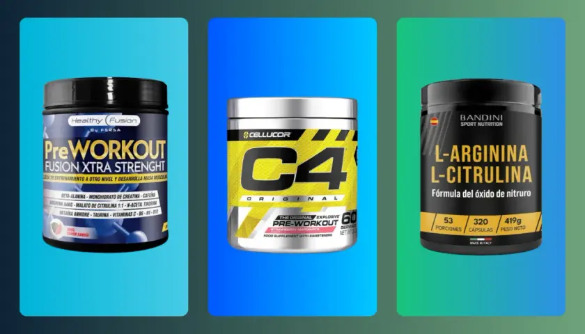 Tres botes de suplementos pre entreno mujer: uno de Healthy Fusion, otro C4 Original y uno de L-Arginina L-Citrulina.