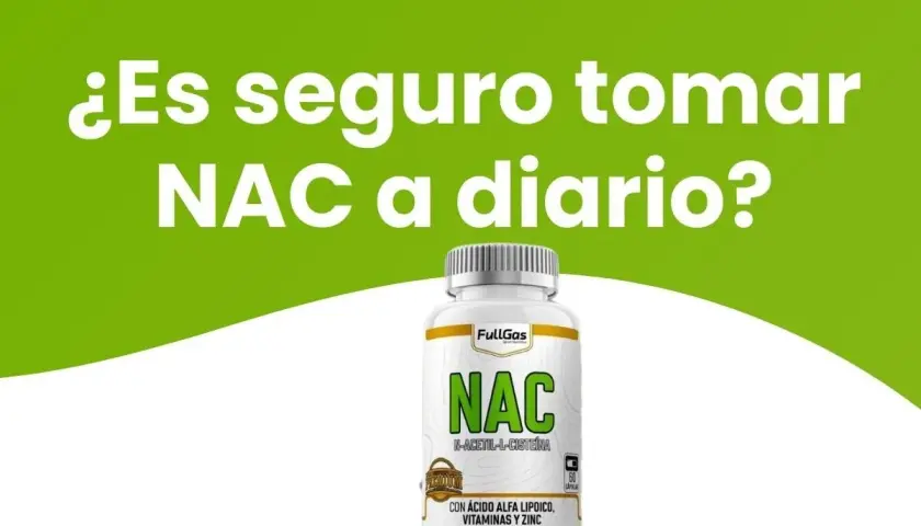 Bote de N-acetil-L-cisteína (NAC) con la pregunta "¿Es seguro tomar NAC a diario?".