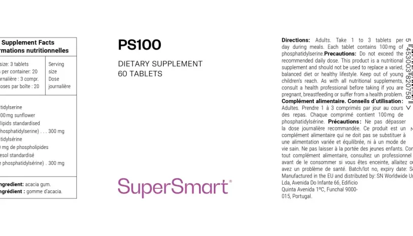 Suplemento PS100 con fosfatidilserina para qué sirve: 60 tabletas, 100mg por tableta. Mejora la función cognitiva.