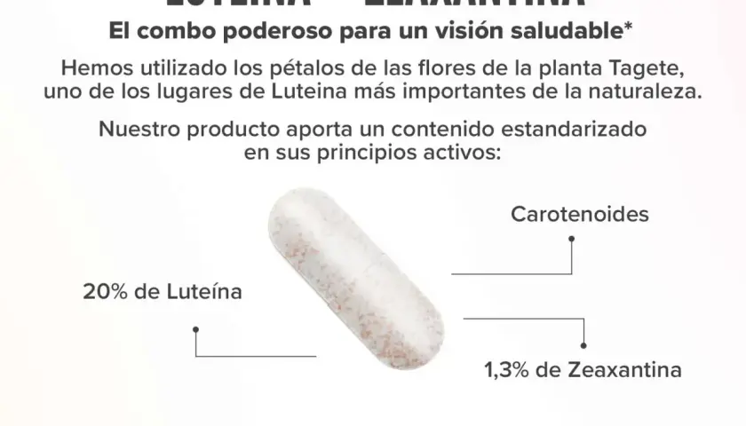 Cápsula con luteína y zeaxantina, carotenos extraídos de la flor de Tagete para una visión saludable.