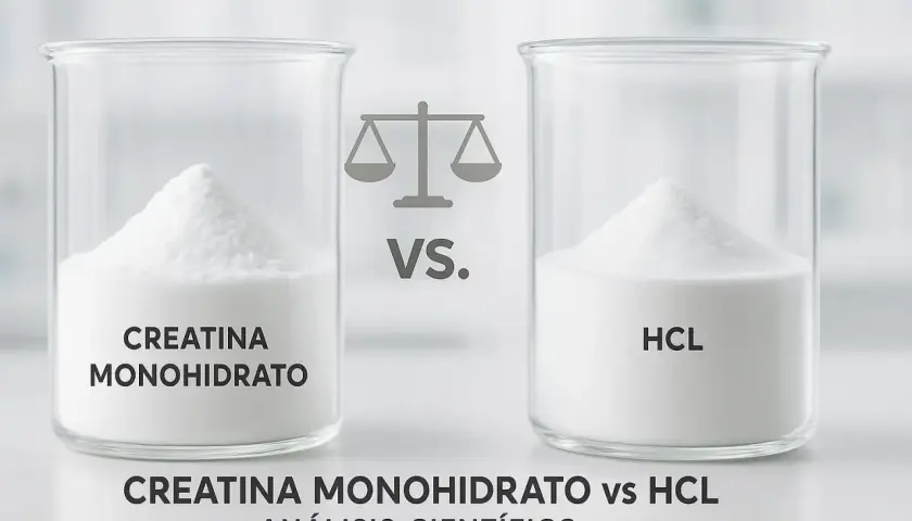 Dos vasos de precipitados con montículos de polvo blanco. Uno dice "CREATINA MONOHIDRATO", el otro "HCL". Una balanza y "VS." en el centro. Comparativa de tipos de creatina.