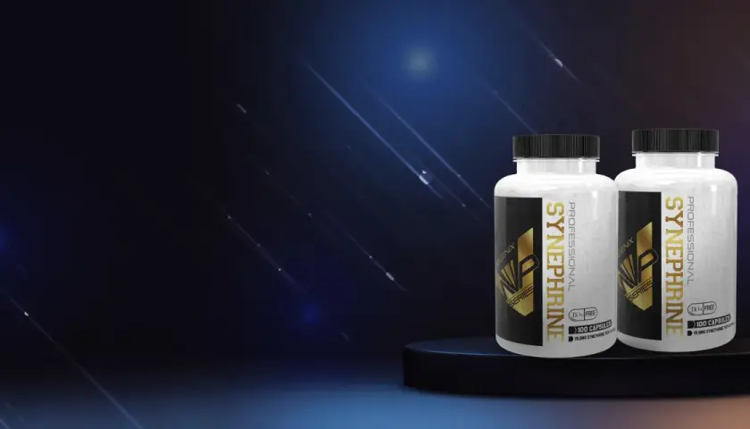 Dos frascos de suplemento "Synephrine" en un podio. Descubre qué es la sinefrina y sus beneficios.