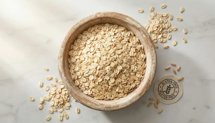 Un cuenco de madera lleno de copos de avena, con algunos esparcidos alrededor. Un sello indica "Gluten-Free", pero la avena tiene gluten.