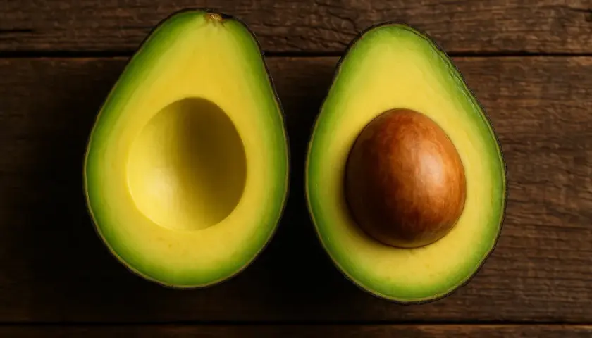 Dos mitades de aguacate sobre madera. Una sin hueso, la otra con su gran semilla marrón. ¡Un tesoro de grasas saludables y pocas calorías aguacate!