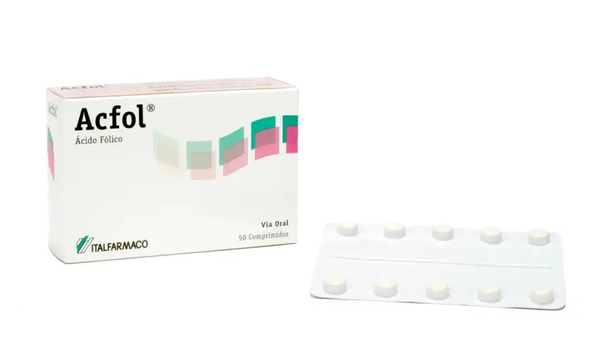 Acfol, ácido fólico, es un suplemento para la salud. La caja muestra el nombre y el contenido, junto a un blíster con comprimidos.