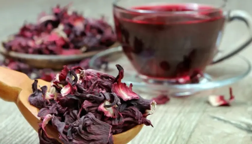 Cucharada de flor de jamaica seca junto a una taza de té rojo vibrante.
