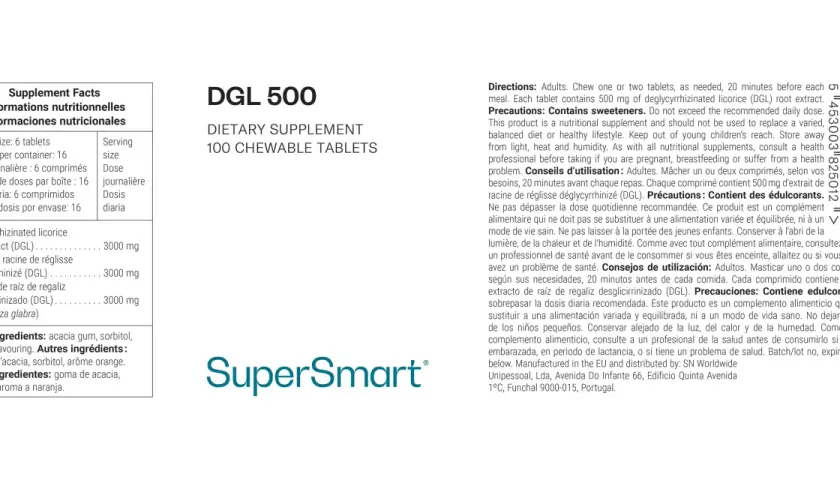 DGL 500: 100 tabletas masticables con extracto de raíz de regaliz desglicirrinizado (DGL).