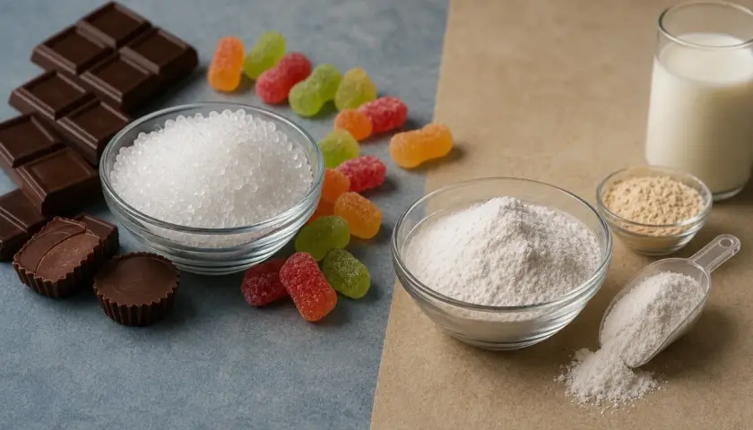 Chocolate, gomitas, azúcar granulada y en polvo, leche y un polvo amarillento. ¿Qué es el maltitol?