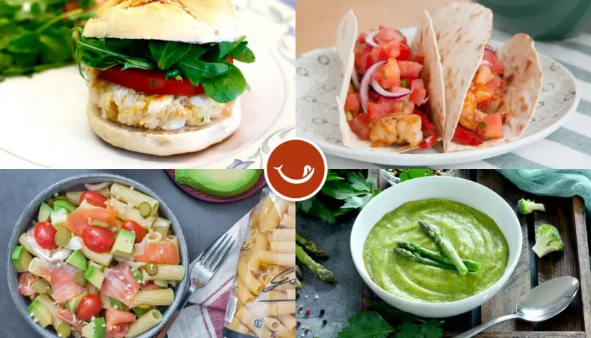 Hamburguesa de pescado, tacos de camarones, ensalada de pasta y crema de espárragos. Variedad de cenas saludables y deliciosas.